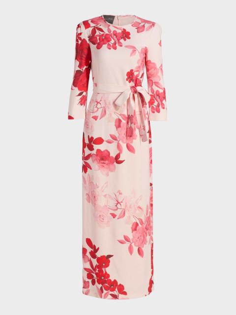 Monique Lhuillier Rose-Print Crepe Belted Bracelet-Sleeve Maxi Dress