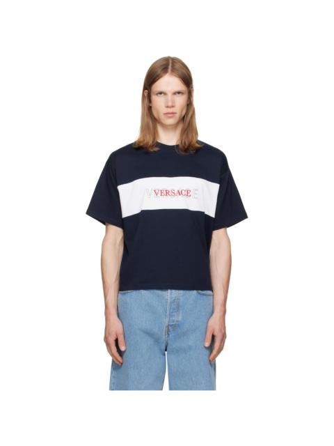 VERSACE Navy Intarsia Cotton-Jersey Regular T-shirt