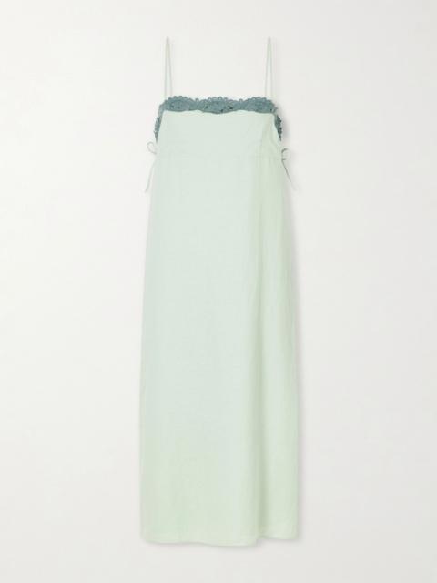 POSSE Darya lace-trimmed linen and cotton-blend midi dress Green