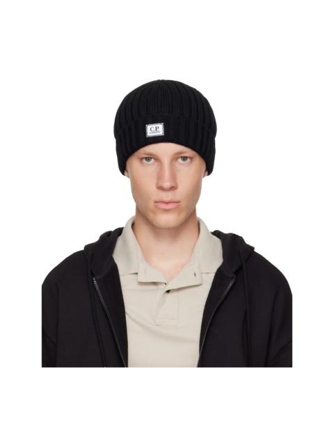 C.P. Company Black Extrafine Merino Wool Logo Beanie