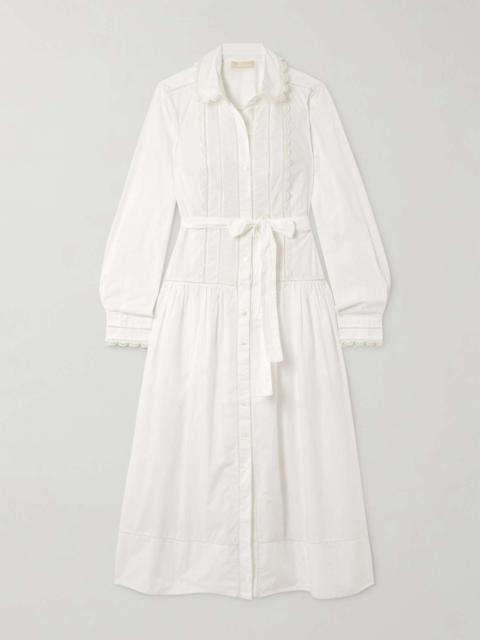 ULLA JOHNSON Ariane belted crocheted-trimmed cotton-poplin midi dress White