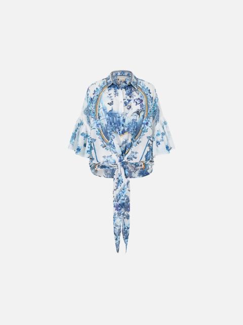 CAMILLA TIE FRONT SHIRT WITH SLEEVE FRILL THE PORCELAIN PARLOUR