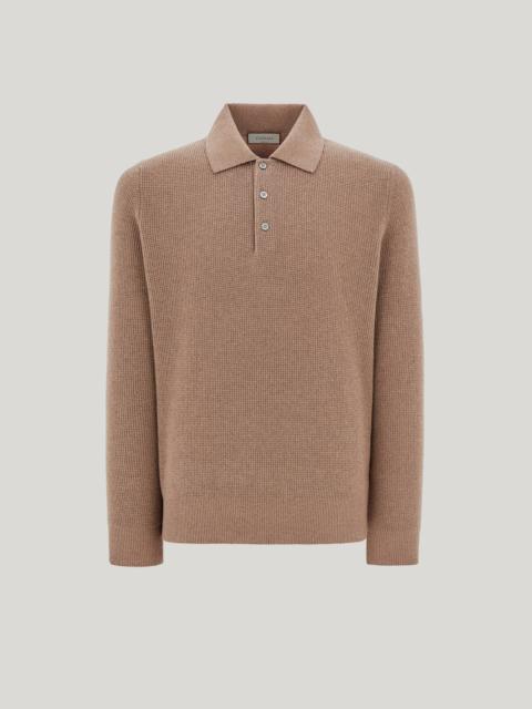 Canali TAUPE WOOL AND CASHMERE POLO SHIRT WITH LAMBSKIN DETAILS
