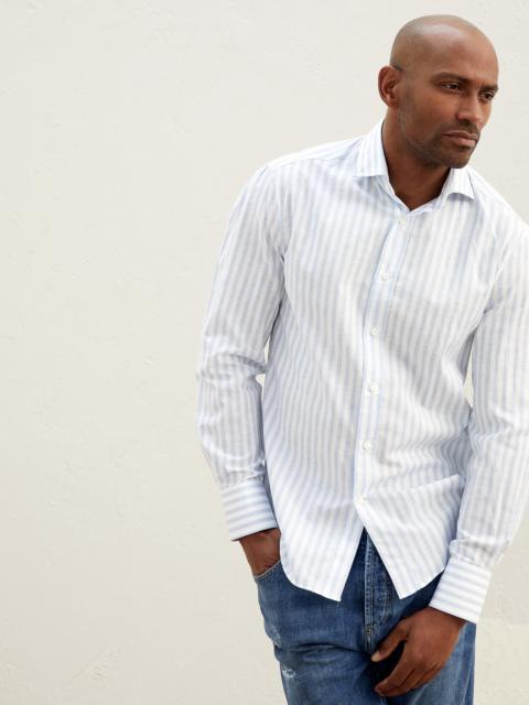 Striped cotton and linen slim fit shirt with spread collar