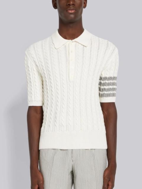 Thom Browne White Cotton 4-Bar Cable Knit Short Sleeve Polo