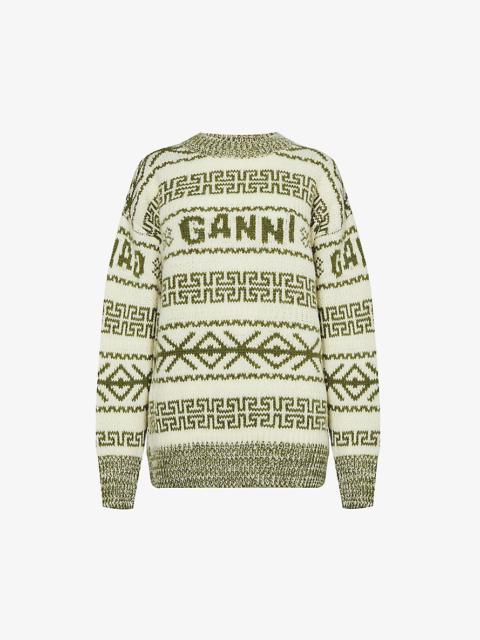GANNI Geometric-print relaxed-fit organic-wool jumper