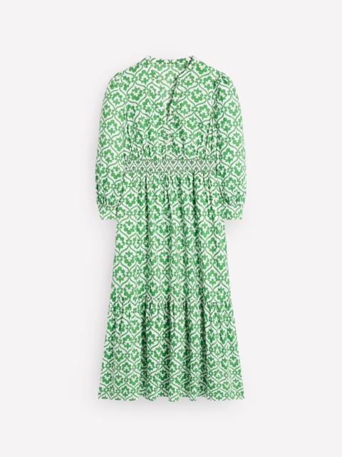 BODEN Elena Tiered Cotton Midi Dress-Paradise Green, Ivy Trellis