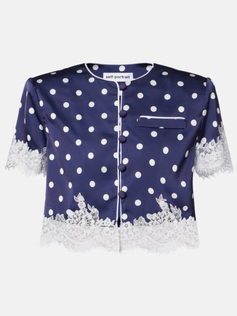 self-portrait Lace-trimmed polka-dot satin crop top