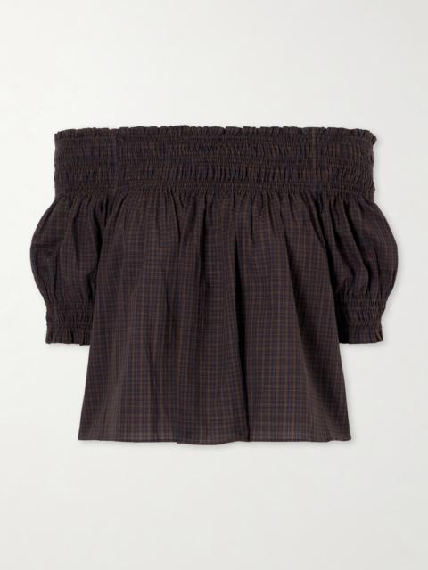 MATTEAU Shirred Off-the-shoulder Checked Cotton Blouse
