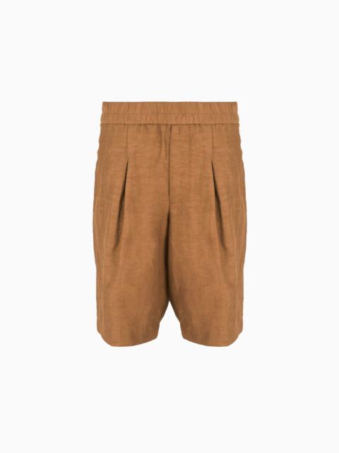 Viscose and linen canvas single-pleated Bermuda shorts