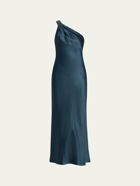 GIORGIO ARMANI One-Shoulder Shimmering Satin Ankle Dress
