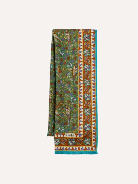 Drake's Green Birds and Flowers Print Wool-Silk Scarf
