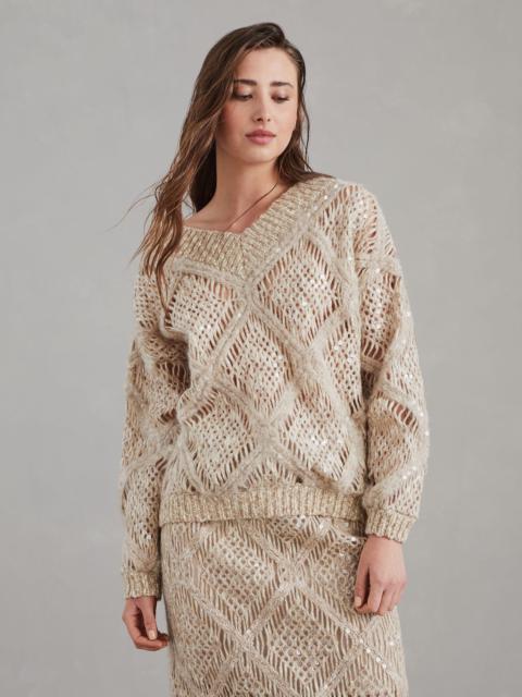 Wool and alpaca sweater with dazzling macro argyle embroidery