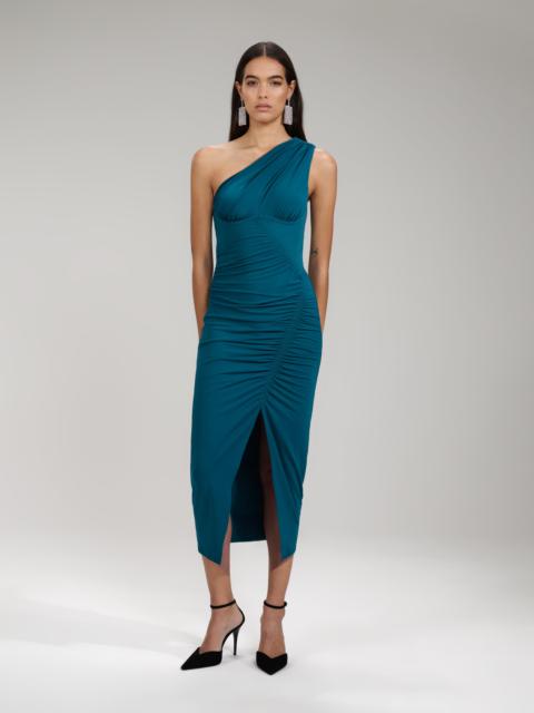 Green Jersey One Shoulder Ruched Midi Dress