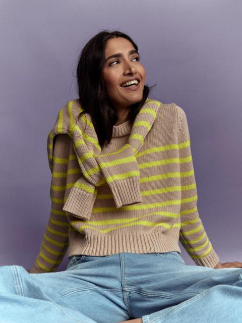 BODEN Lucy Chunky Cotton Sweater-Camel Melange, Neon Stripe
