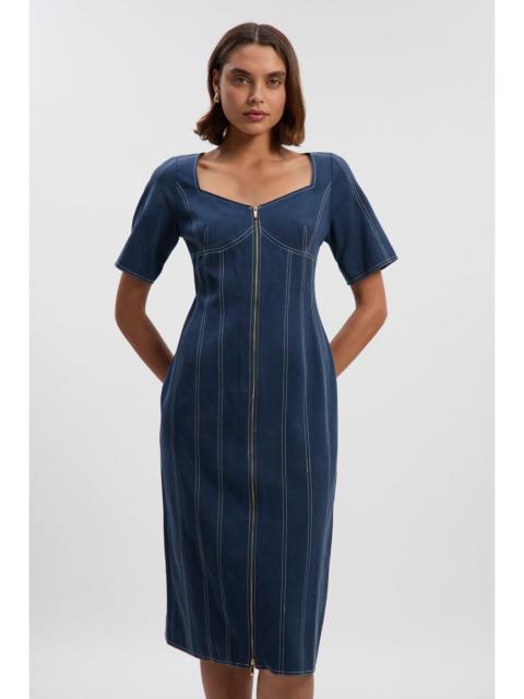 KAREN MILLEN Petite Tencel Cotton Contrast Stitch Zip Front Woven Midi Dress