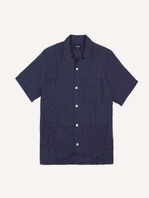 Drake's Navy Linen Short Sleeve Cuban Shirt