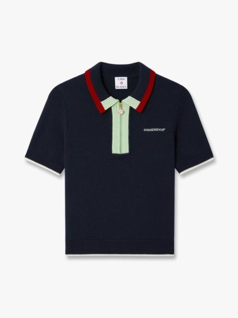 CASABLANCA Navy Merino Short Sleeve Polo Shirt