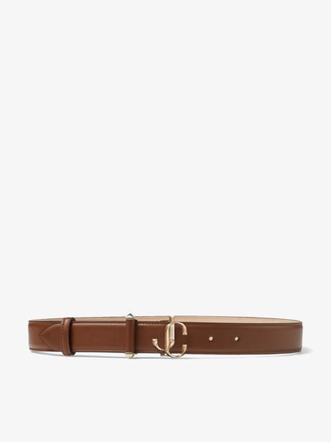 JIMMY CHOO JC-Bar Belt
Dark Tan Soft Shiny Calf Leather Belt with Light Gold JC Emblem