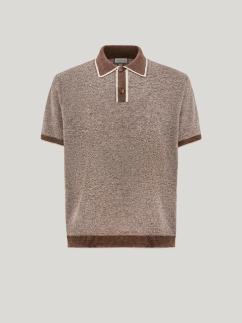 Canali BROWN LINEN AND SILK JACQUARD POLO SHIRT WITH CONTRASTING COLLAR