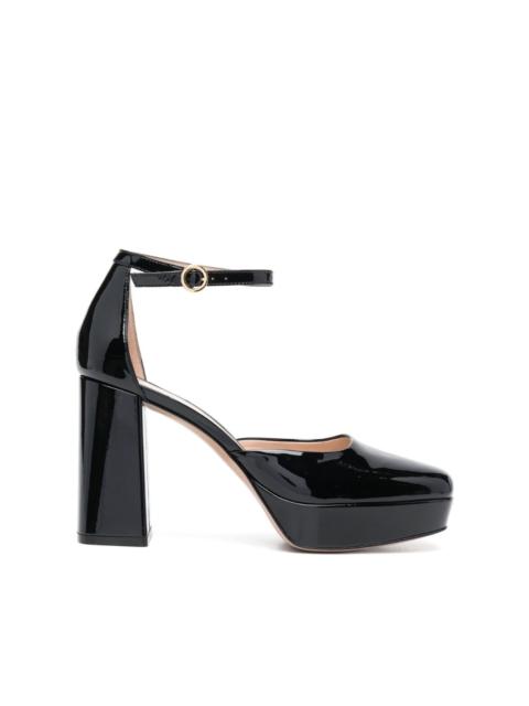 square toe block heel leather pumps