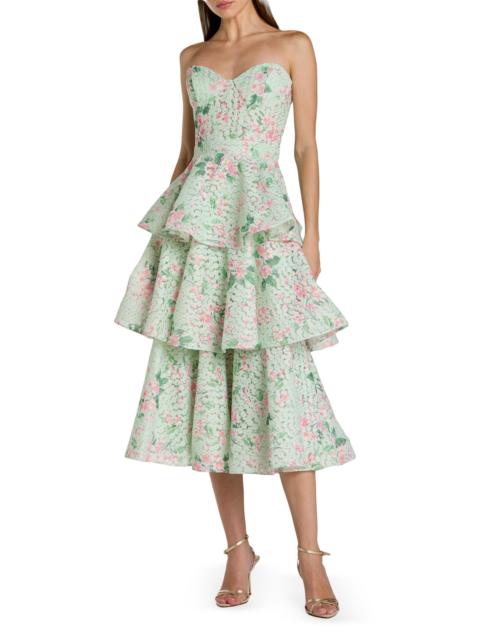 MAC DUGGAL Women's Floral Net Tiered Strapless Midi-Dress - Mint Multi