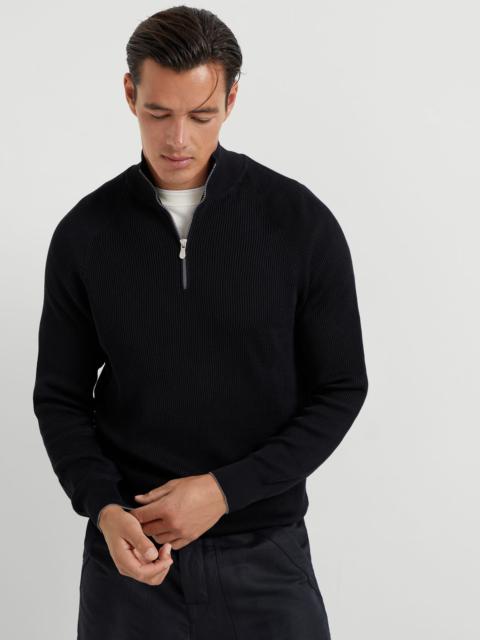 Brunello Cucinelli Cotton English rib sweater with half zip and raglan sleeves