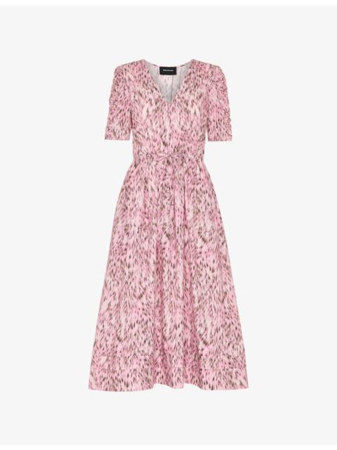 WHISTLES Leopard-Print V-Neck Cotton Midi Dress