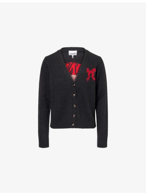 GANNI Bunny-Intarsia V-Neck Wool-Blend Cardigan
