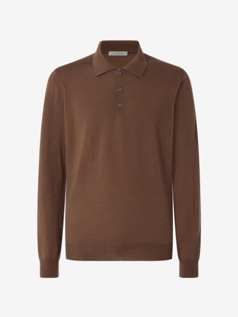 CORNELIANI Tobacco brown long-sleeved polo shirt made from pure wool