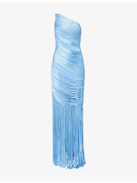 David Koma Fringe Asymmetric Draped Woven Maxi Dress