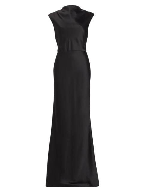 AMSALE Women's Satin High Cowlneck A-Line Gown - Black