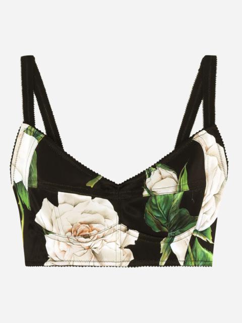 Satin top with white rose print