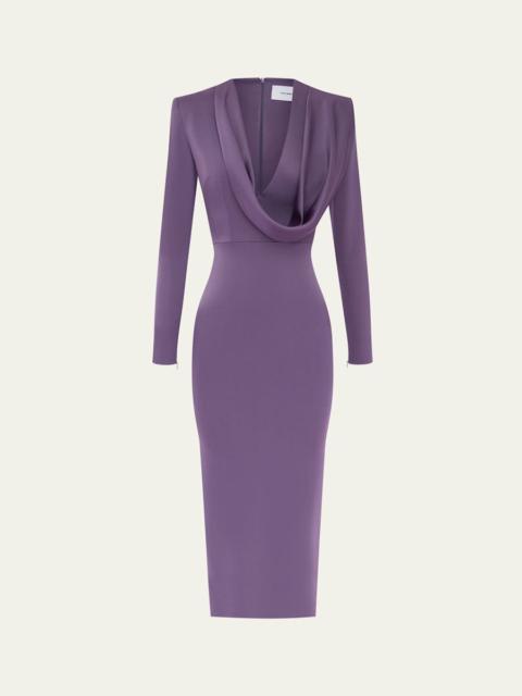 ALEX PERRY Draped Cowl-Neck Strong-Shoulder Satin Crepe Midi Dress
