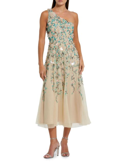 MAC DUGGAL Women's Embellished Floral Mesh One-Shoulder Midi-Dress - Beige Multi