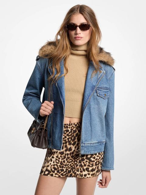 MICHAEL KORS Faux Fur Trim Denim Moto Jacket
