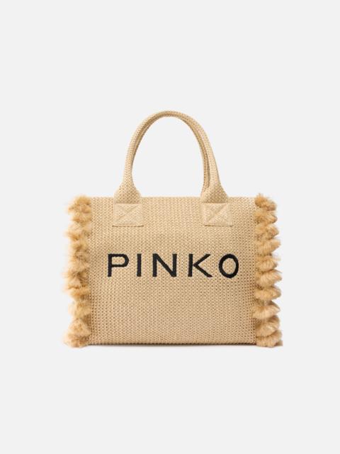 PINKO MEDIUM BEACH SHOPPING TOTE IN RAFFIA WITH LOGO AND TASSELS