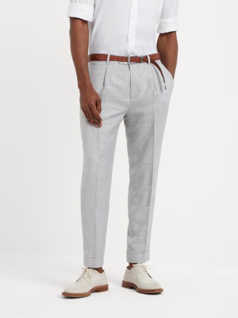 Wool, linen and silk Prince of Wales leisure fit trousers with pleat