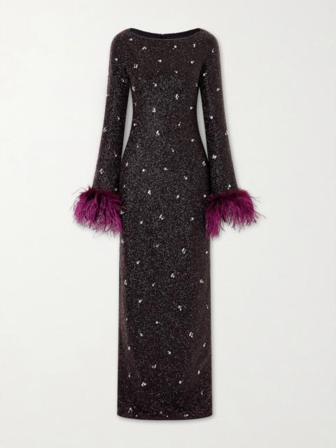 CLIO PEPPIATT Mae feather-trimmed embellished beaded tulle gown Purple