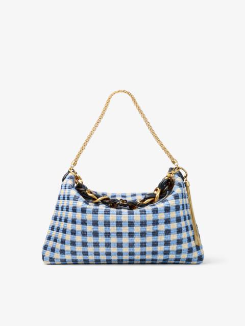 JIMMY CHOO Callie Maxi
Marine Mix Gingham Raffia Shoulder Bag with Detachable Woven Nappa Leather Strap