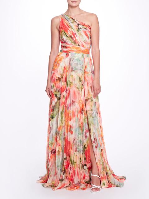 Marchesa PRINTED CHIFFON PLEATED GOWN