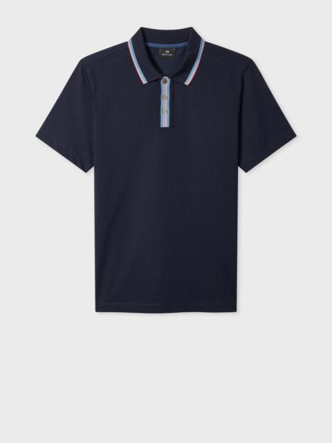 Paul Smith Navy Plated Jersey Polo Shirt With Contrast Tipping
