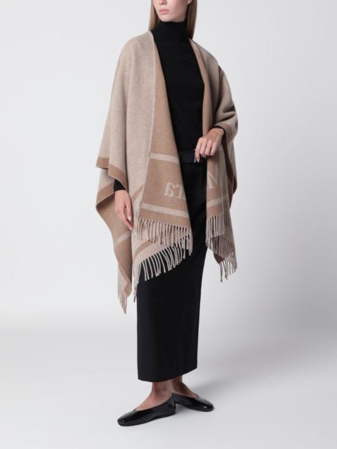 Max Mara Jacquard poncho with fringes in sand-colored wool