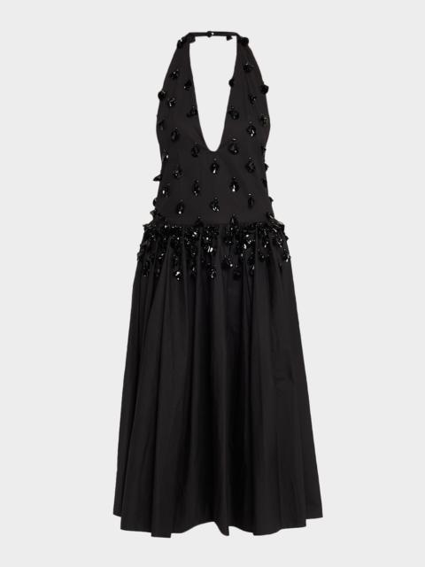 diotima Nuit Embellished Plunging Halter Drop-Waist Gown