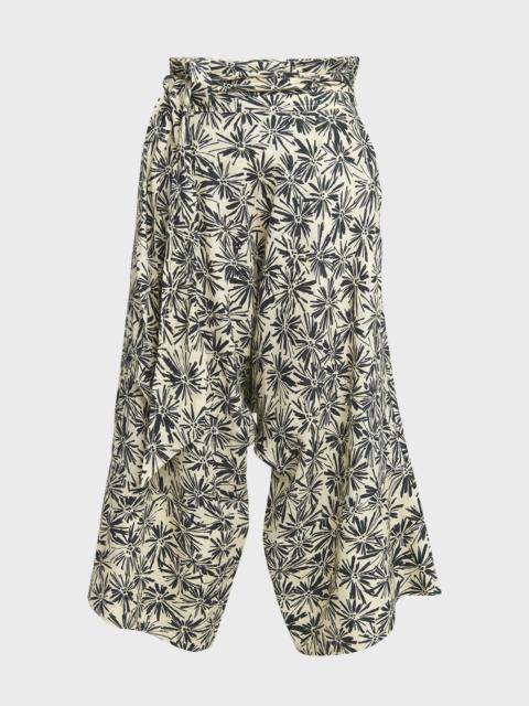 Loro Piana Yuki Flower-Print Wrap-Waist Wide-Leg Crop Linen Pants
