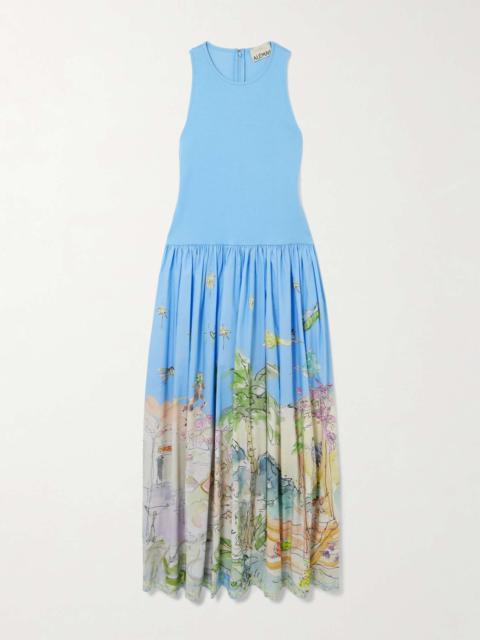 ALÉMAIS + Anouk Colantoni ribbed organic cotton-jersey and printed organic cotton-poplin midi dress Light bl