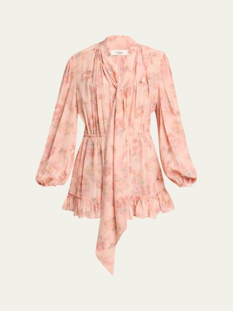 Chloé Long-Sleeve Bouquet Print Silk Dress