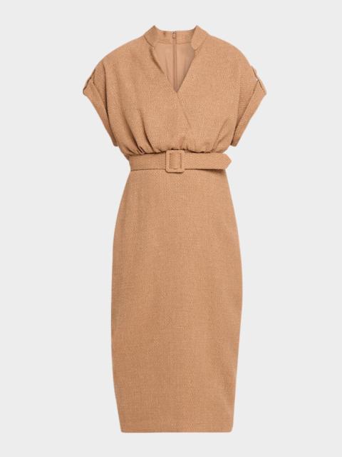 BADGLEY MISCHKA Belted Bodycon Tweed Midi Dress