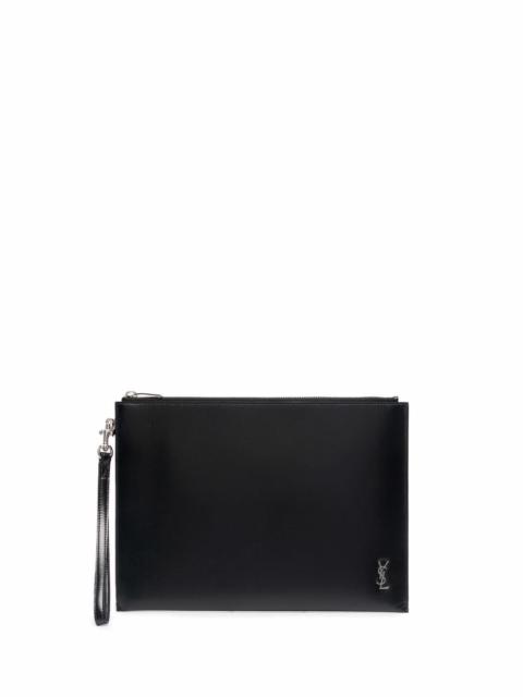 SAINT LAURENT TINY CASSANDRE SMALL GLOSSY LEATHER TABLET CASE WITH ZIP