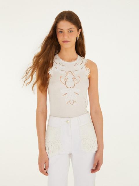 FARM RIO Off-White Lace Sleeveless Organic Cotton Blouse
